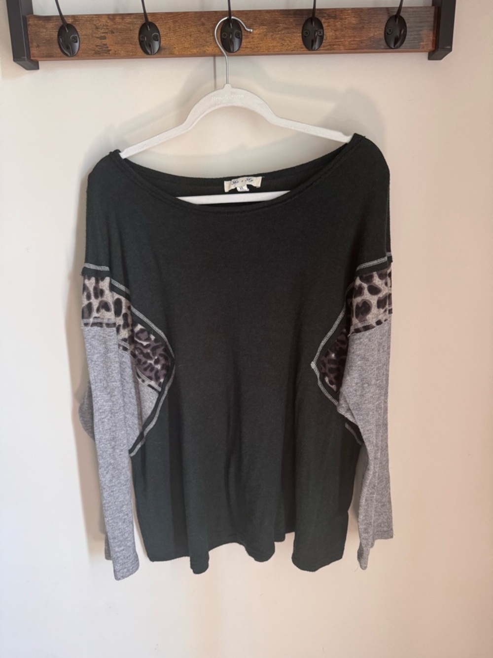 She + Sky Green and Gray Long Sleeve Tunic with Leopard Accent